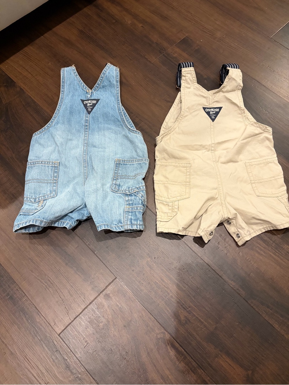 OshKosh Bgosh Overalls Bundle 12M Khaki Denim Stripe Strap Set 2 - Picture 2 of 4